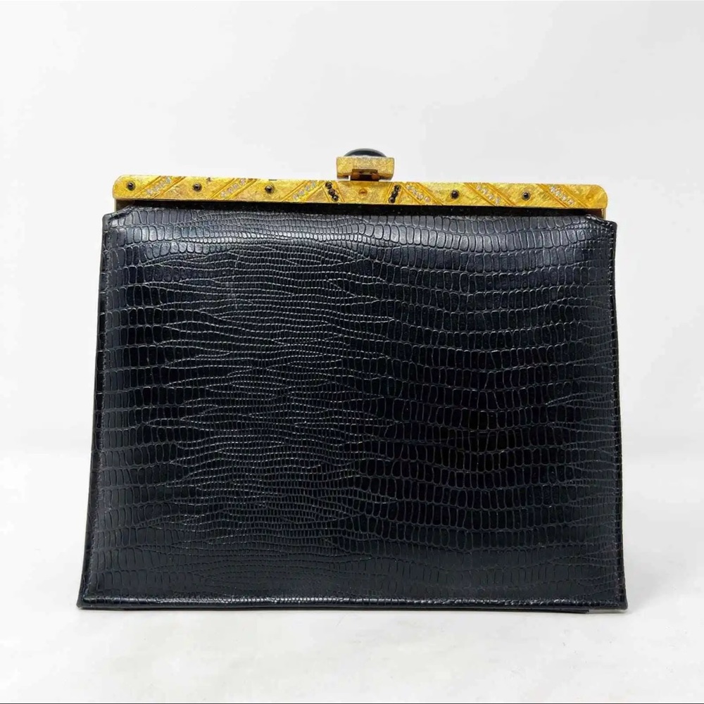 Vintage 50s Meyers Black Gold Clasp Clutch Leather Evening Bag Purse Back Handle